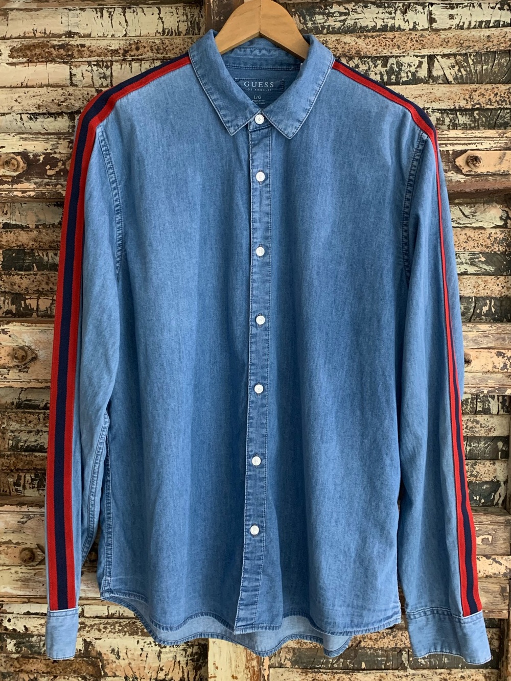 VTG 90s GUESS Men's Light Blue Soft Denim Shirt w/ Red & Navy Stripes, EUC, L
